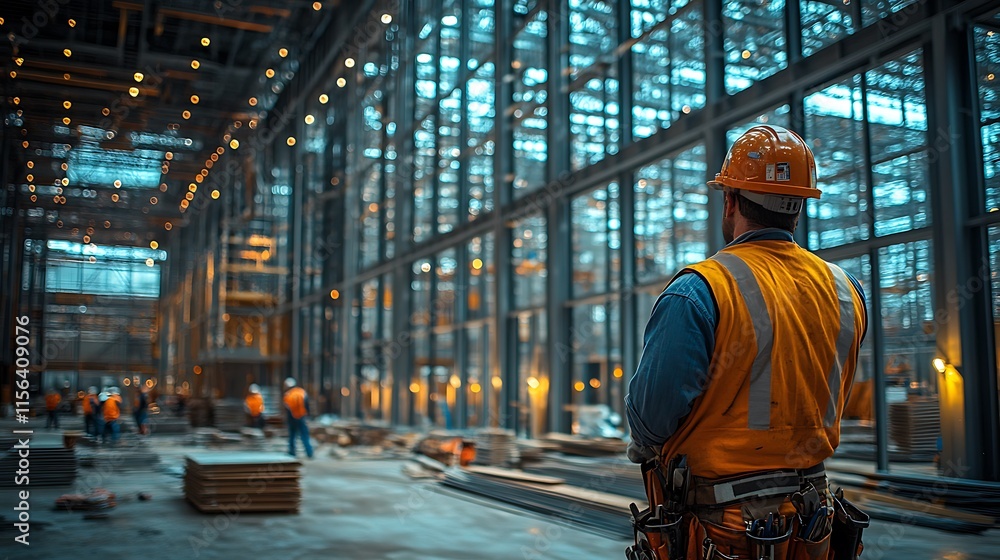 Construction Worker Surveys a Modern Building Site Construction Worker Surveys a Modern Building Site