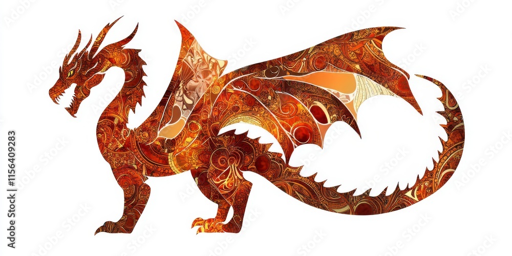 Obraz premium Detailed dragon illustration featuring ornate patterns and vivid colors, perfect for fantasy and mythical themed designs.