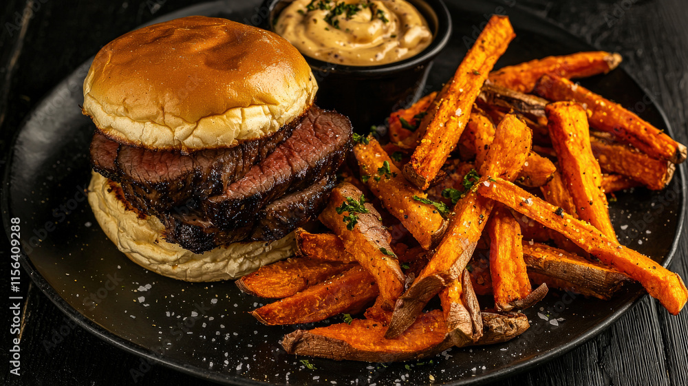 A luxurious plate of Wagyu beef sliders topped with truffle aioli, served on buttery brioche buns alongside crispy sweet potato fries, showcasing indulgent flavors and gourmet presentation.
A luxurious plate of Wagyu beef sliders topped with truffle aioli, served on buttery brioche buns alongside crispy sweet potato fries, showcasing indulgent flavors and gourmet presentation.
