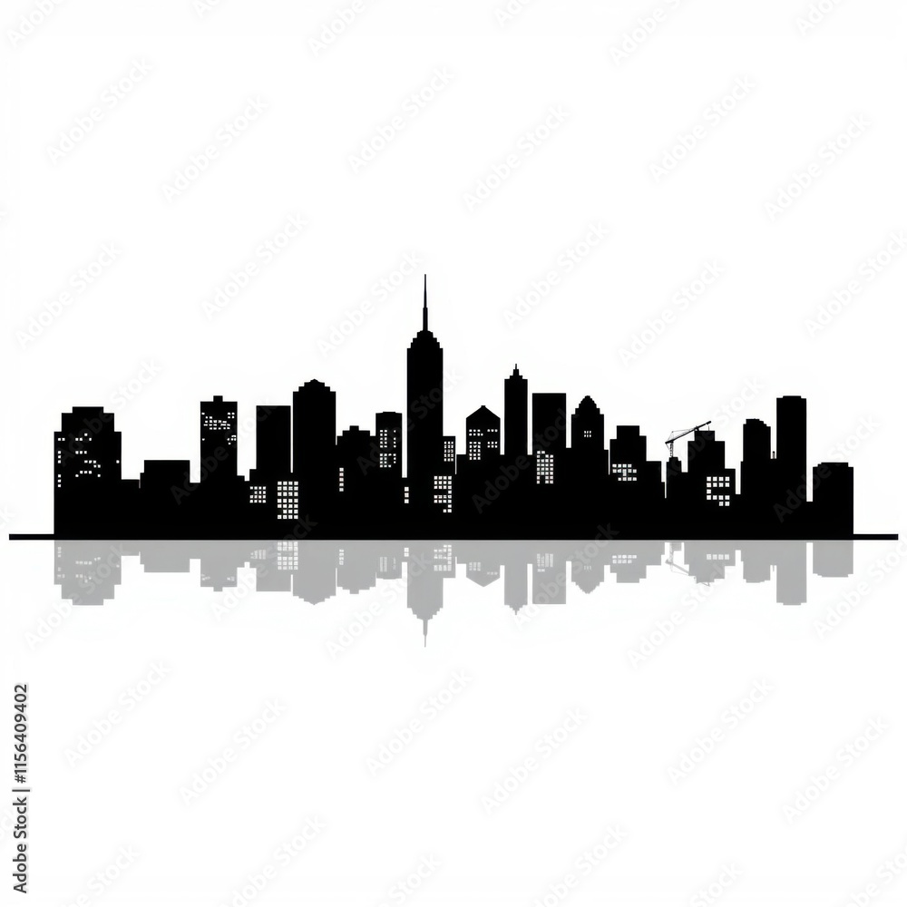 city skyline silhouette, urban landscape, skyscrapers, iconic buildings, black and white, minimalist design, reflection in water, high contrast, vector graphic style, modern architecture, cityscape pa city skyline silhouette, urban landscape, skyscrapers, iconic buildings, black and white, minimalist design, reflection in water, high contrast, vector graphic style, modern architecture, cityscape pa