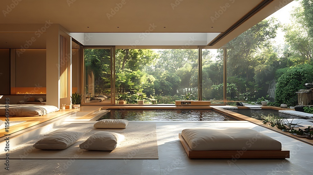 Modern Zen Spa with Natural Light and Garden View. Concept of Relaxation, Tranquility, and Wellness. Modern Zen Spa with Natural Light and Garden View. Concept of Relaxation, Tranquility, and Wellness.