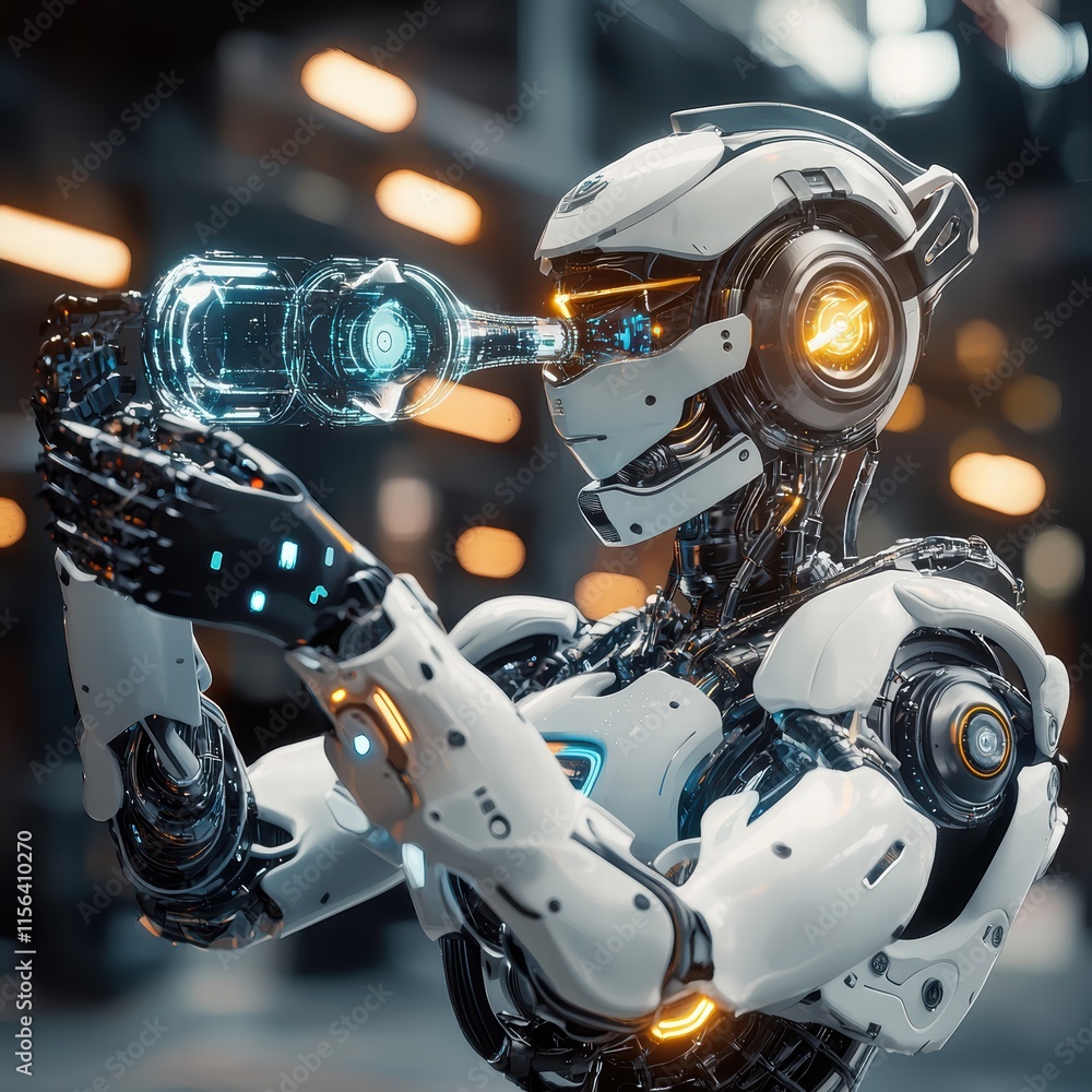 Fototapeta premium Futuristic Robot Holding a Transparent Bottle in a High-Tech Setting