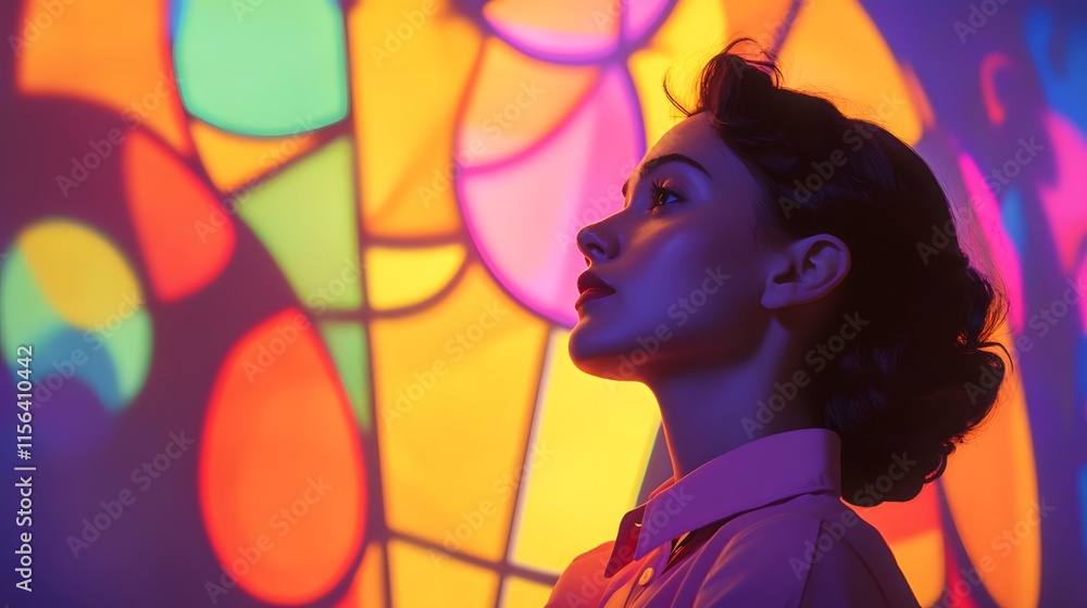 Obraz premium Woman's profile illuminated by vibrant, colorful light.