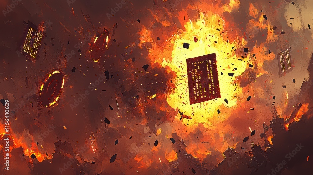 Explosive Digital Landscape with Fiery Background and Floating Text Explosive Digital Landscape with Fiery Background and Floating Text