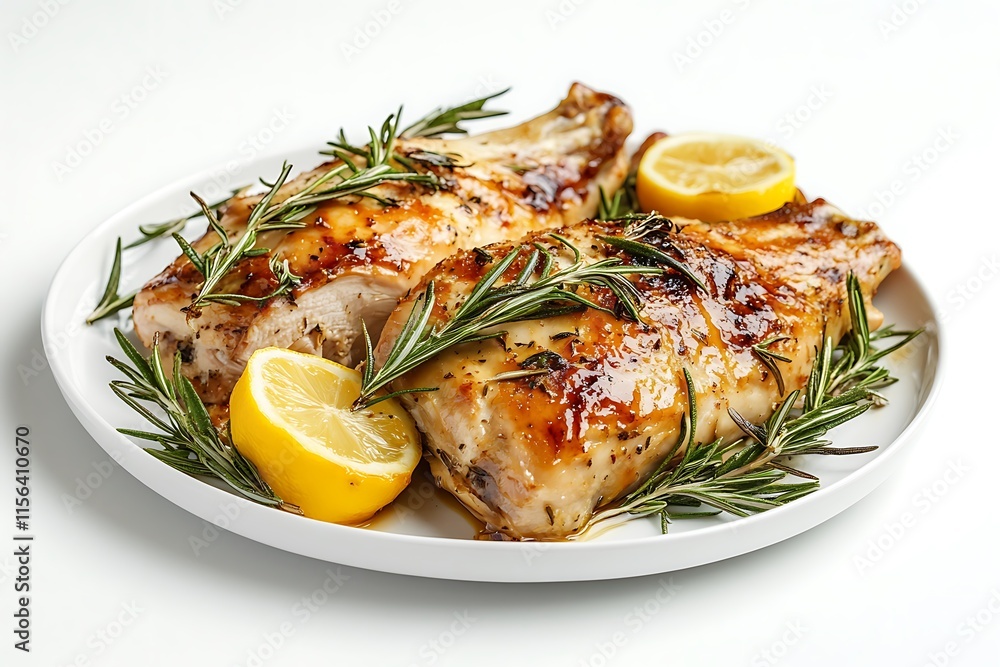 Delicious roasted turkey with rosemary and lemon on white plate isolated on white background Delicious roasted turkey with rosemary and lemon on white plate isolated on white background