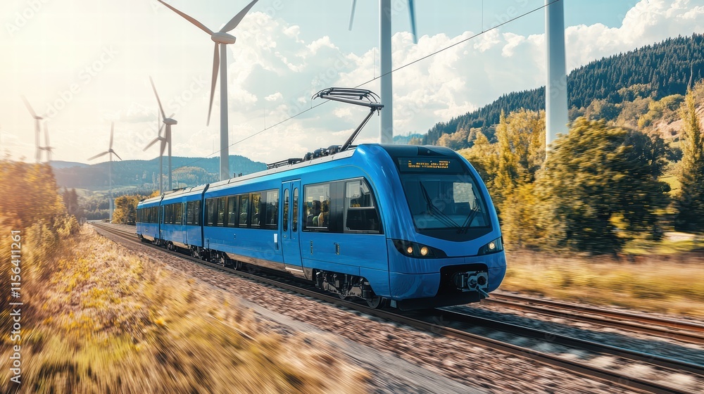 Fototapeta premium Blue Electric Train Travelling Through Scenic Landscape with Wind Turbines