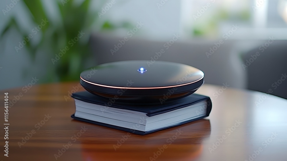 A sleek, modern device rests on a book, blending technology and decor in a minimalist home environment. A sleek, modern device rests on a book, blending technology and decor in a minimalist home environment.
