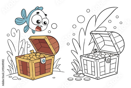 a little fish exploring a treasure chest' on the left side, and the same illustration  D