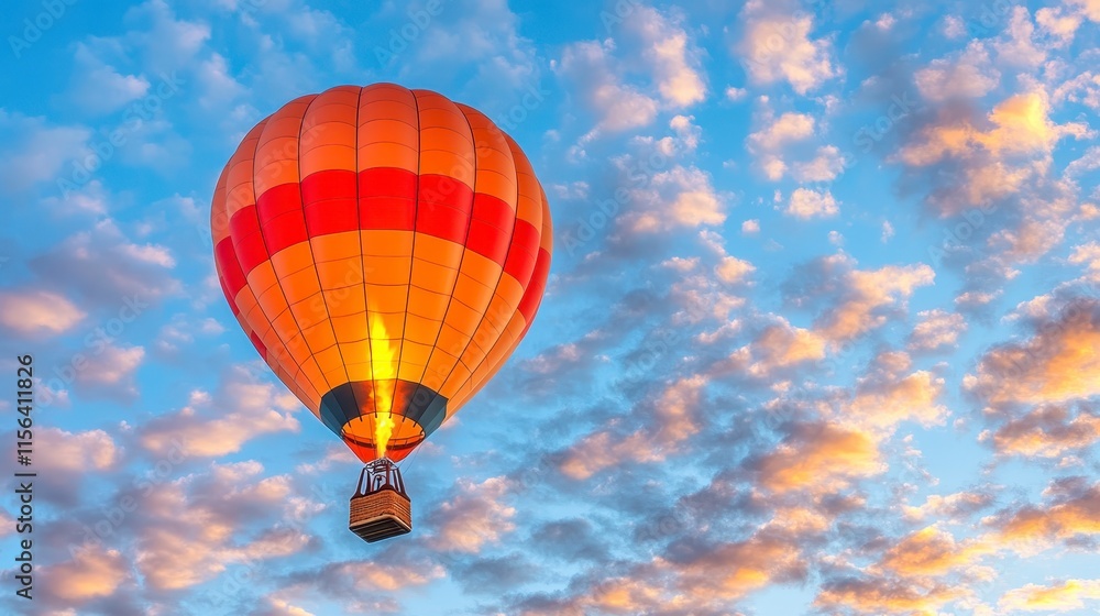 Fototapeta premium A vibrant hot air balloon floats against a backdrop of colorful clouds during a beautiful sunset.