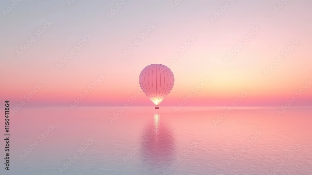 Obraz premium A serene hot air balloon floats over a calm, pastel-hued body of water at sunset, creating a tranquil and dreamy atmosphere.