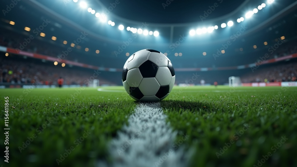 Naklejka premium Exciting soccer match action stadium sports photography bright night ground level thrilling competition