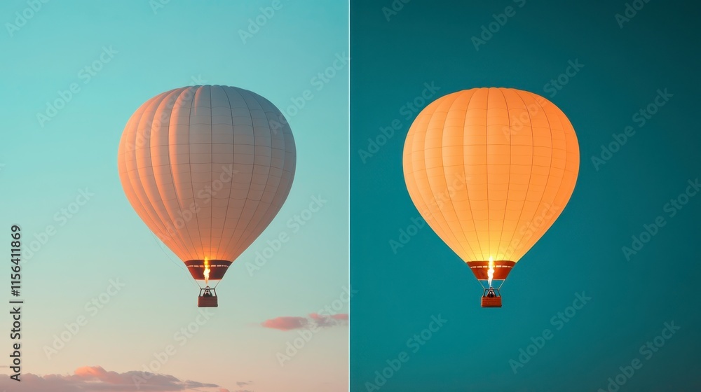 Obraz premium A serene sky features two hot air balloons, showcasing vibrant colors against a tranquil backdrop, evoking a sense of adventure and peace.
