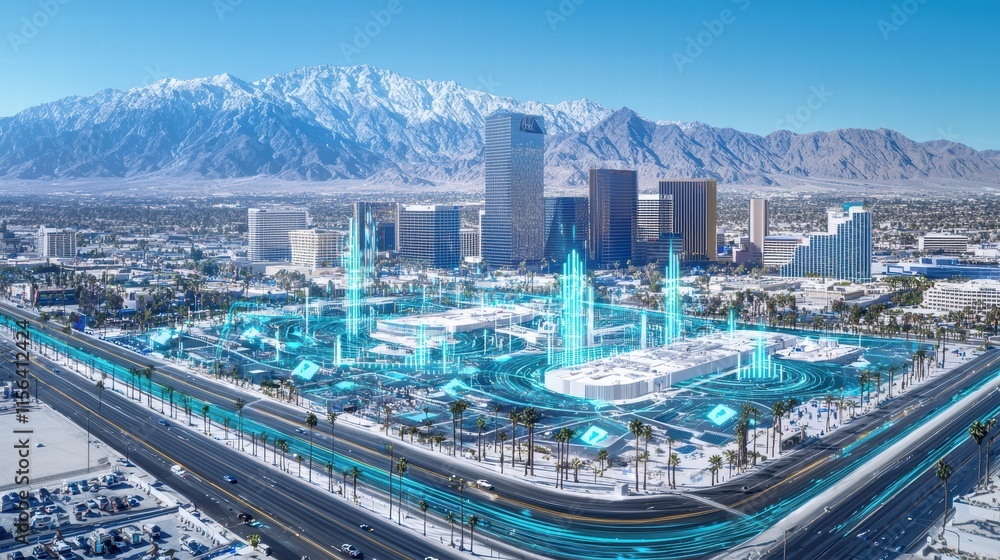 Fototapeta premium Futuristic Cityscape with Digital Elements and Mountain Background