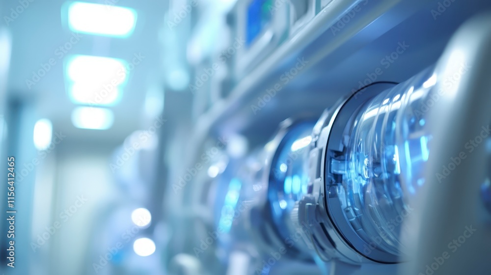 A close-up of medical equipment illuminated in blue light, highlighting its modern design and functionality in a healthcare setting. A close-up of medical equipment illuminated in blue light, highlighting its modern design and functionality in a healthcare setting.