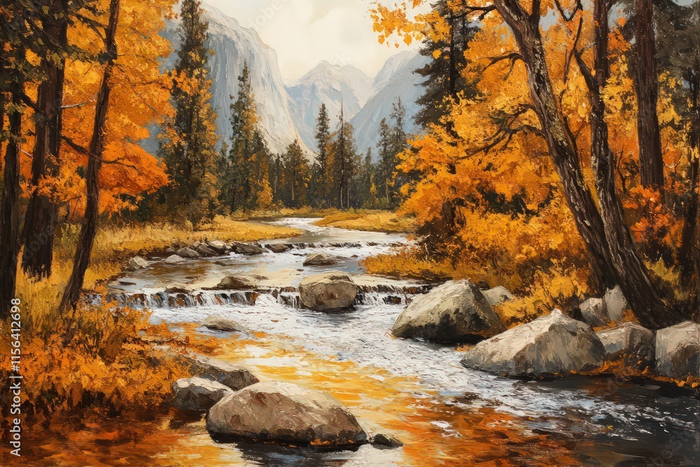 A tranquil autumn scene of Yosemite Valley, with the Merced River flowing gently through a forest of orange and yellow foliage. A tranquil autumn scene of Yosemite Valley, with the Merced River flowing gently through a forest of orange and yellow foliage.