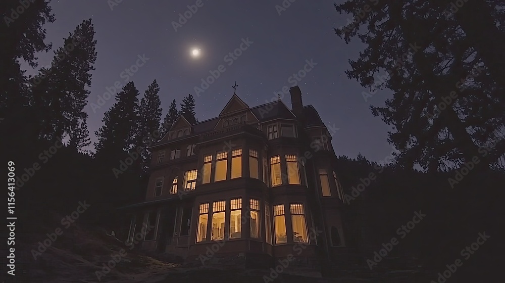 Illuminated Victorian mansion at night, surrounded by tall trees under a moonlit sky. Illuminated Victorian mansion at night, surrounded by tall trees under a moonlit sky.