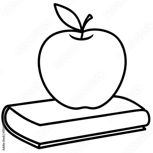 Apple on Book Line Art Vector Illustration