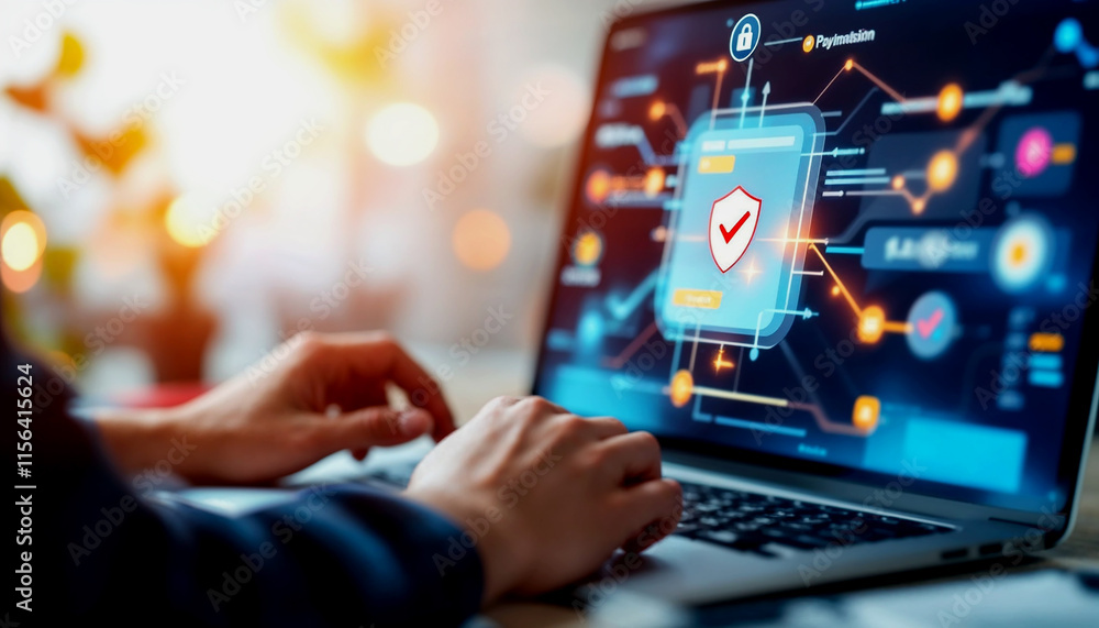 concept of a secure online payment transaction process. Someone using a computer interface with a verification checkmark to ensure a safe credit card online paymen concept of a secure online payment transaction process. Someone using a computer interface with a verification checkmark to ensure a safe credit card online paymen