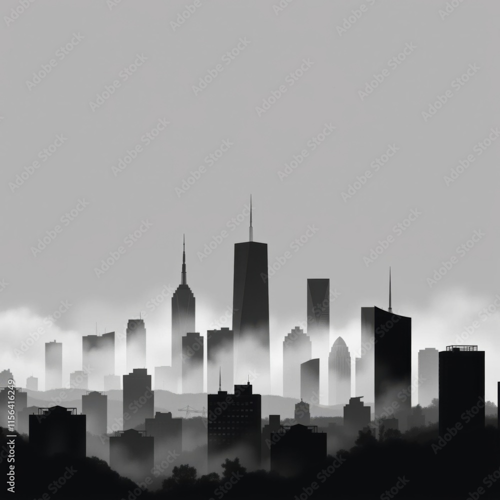 Obraz premium A skyline of modern buildings emerging from mist showcasing urban architecture and nature. skyline silhouette. cityscape illustration architecture city 