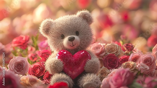 Teddy Bear Holding Heart Amidst Roses