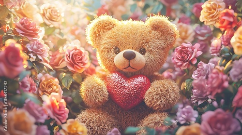 Teddy Bear Holding Heart Amidst Roses