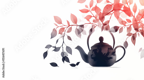 A silken silhouette depicts a teapot gracefully transitioning into delicate tea leaves, symbolizing a poetic connection between tea and nature. generative ai. Silken. Illustration