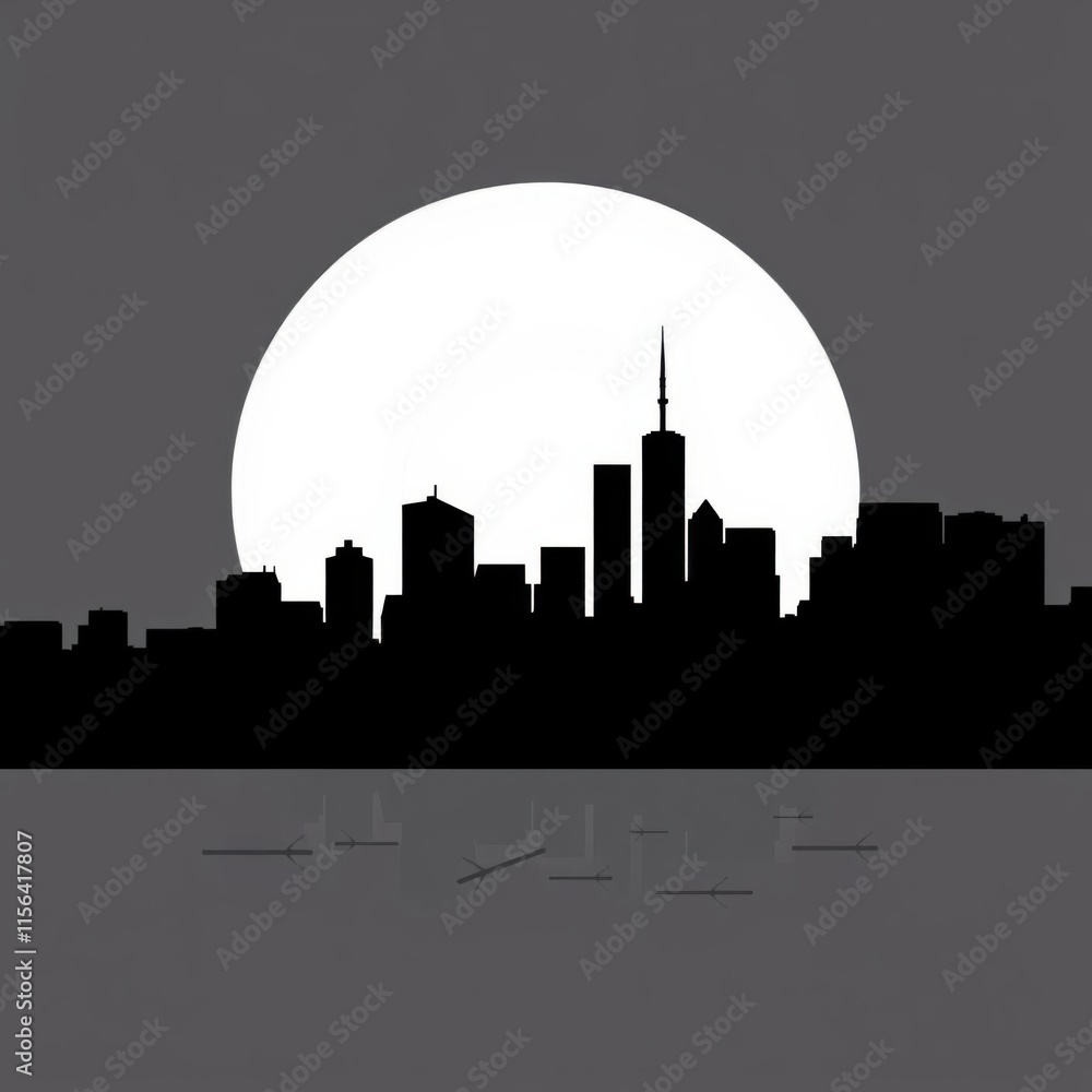 Naklejka premium A silhouette of a cityscape at sunset with a large glowing sun. skyline silhouette. cityscape illustration architecture city 