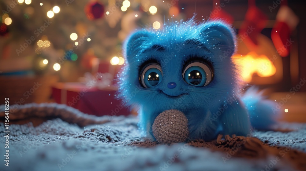 Fototapeta premium Adorable blue fluffy creature holding a ball near a decorated Christmas tree and fireplace.