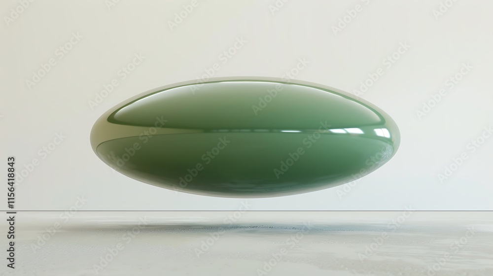 A large green ellipsoid hovering in mid-air above a serene white backdrop A large green ellipsoid hovering in mid-air above a serene white backdrop