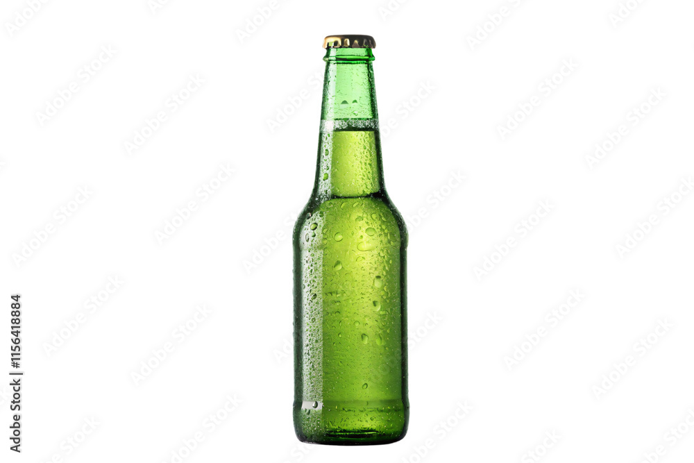 A green glass bottle covered in droplets, exuding refreshing coolness and vibrancy, perfect for beverages, isolated on a transparent background A green glass bottle covered in droplets, exuding refreshing coolness and vibrancy, perfect for beverages, isolated on a transparent background