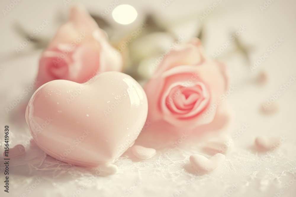 soft focus image of white heart with pink roses on delicate lace background, creating romantic and serene atmosphere soft focus image of white heart with pink roses on delicate lace background, creating romantic and serene atmosphere