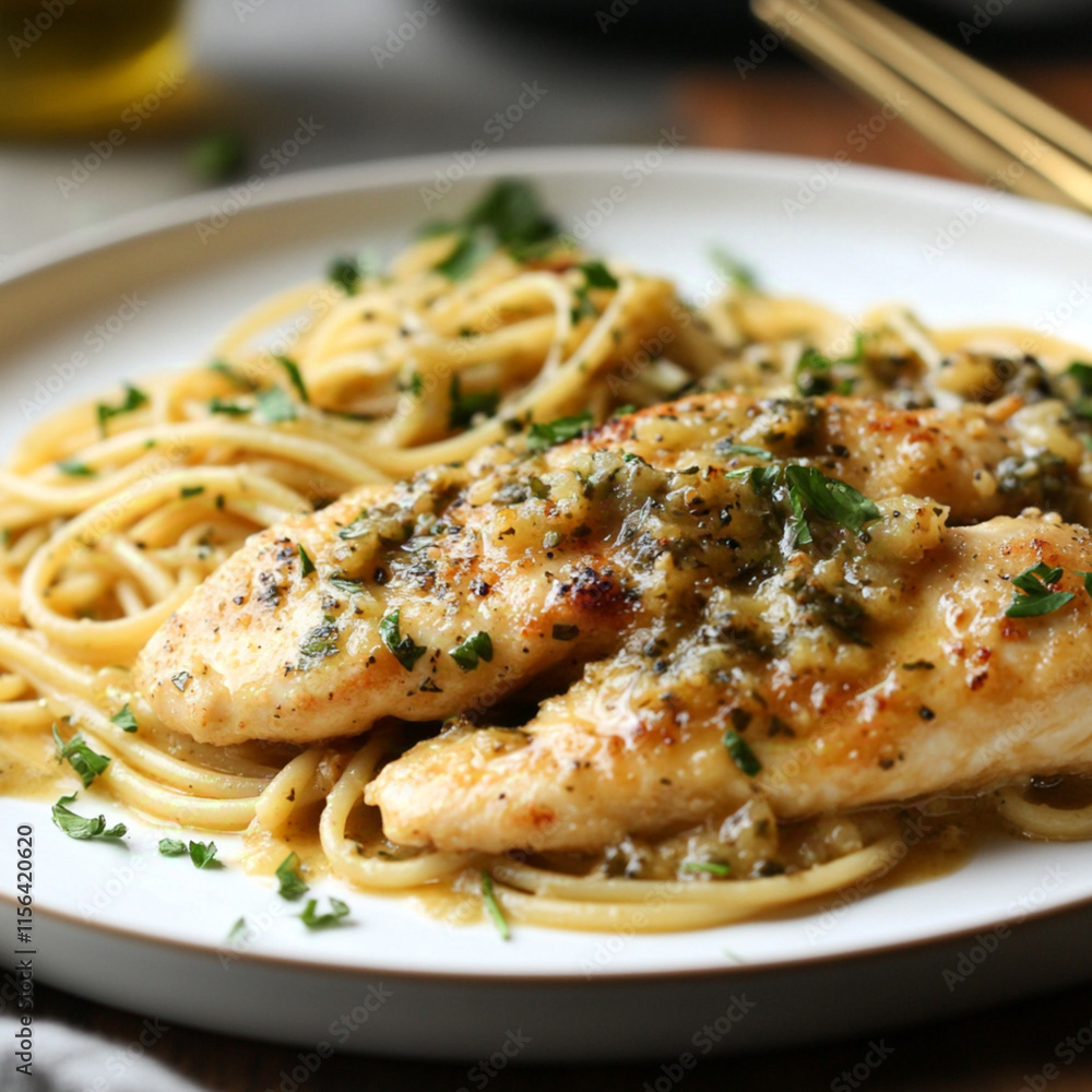 the most delicious chicken piccata with a side of pasta on a white plate the most delicious chicken piccata with a side of pasta on a white plate