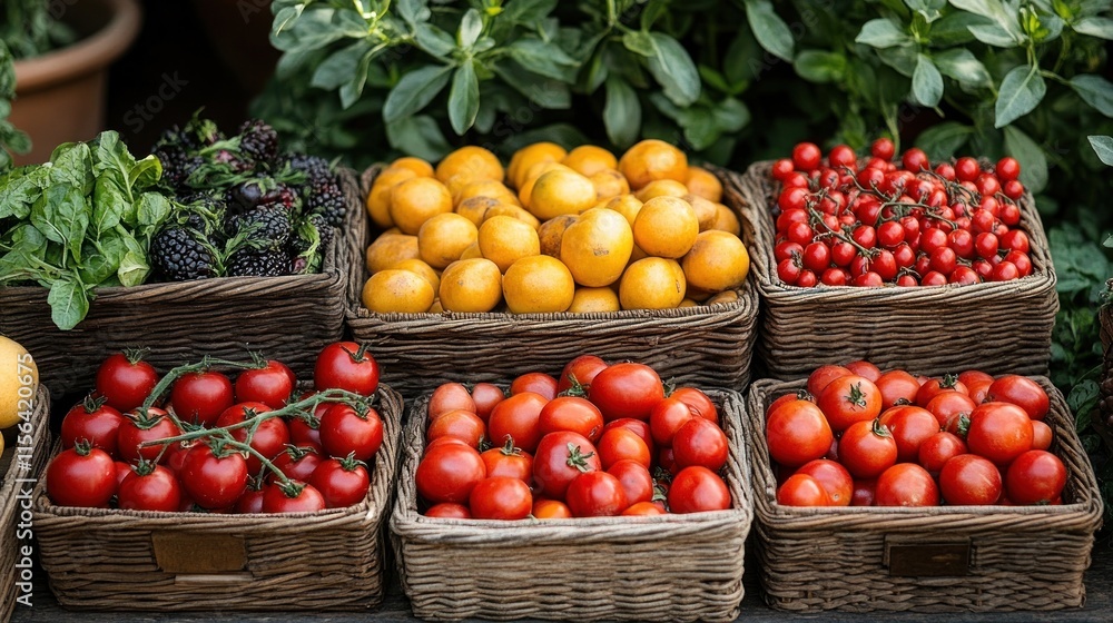 A vibrant display of fresh vegetables and fruits in woven baskets at a market. A vibrant display of fresh vegetables and fruits in woven baskets at a market.