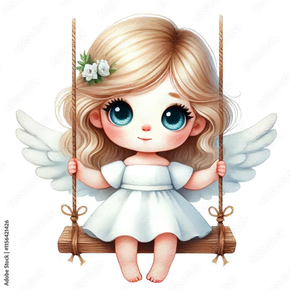 Fototapeta premium Cute Cartoon Angel on Swing. Clipart, cartoon mascot for Valentine's Day. AI generated.