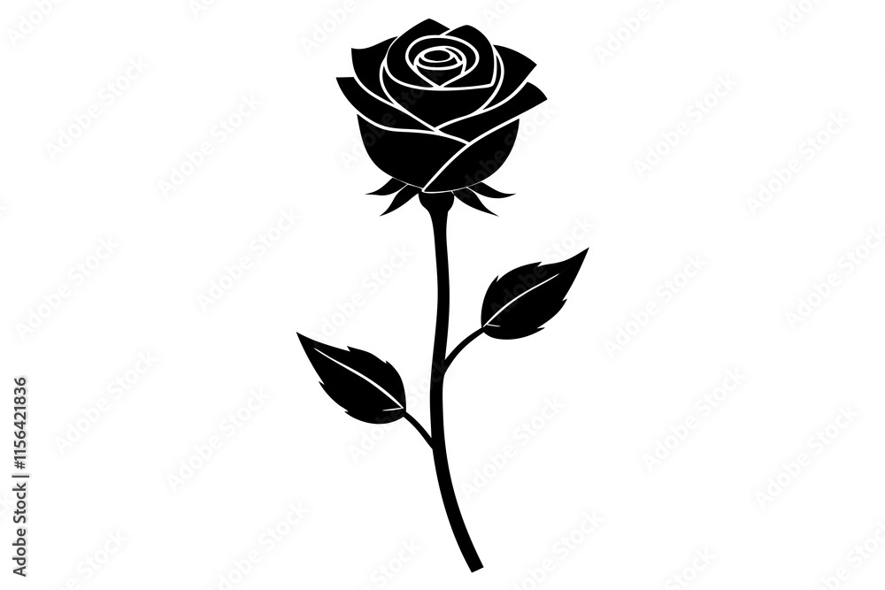 Silhouette of a single rose with a long stem and one blooming petal vector illustration on white background Silhouette of a single rose with a long stem and one blooming petal vector illustration on white background
