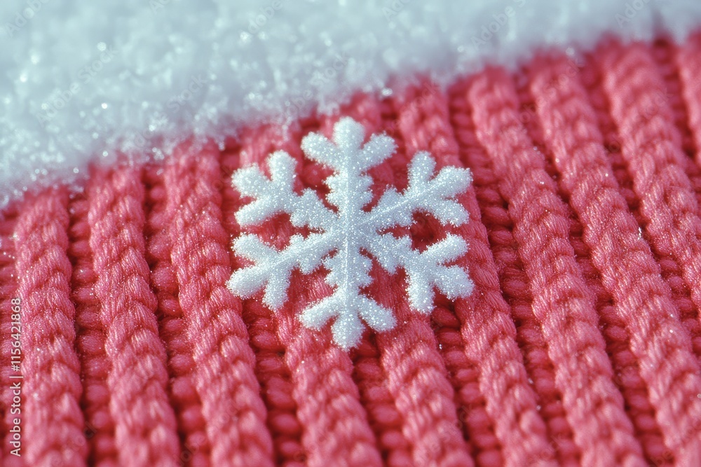 Close-up of a snowflake caught on the edge of a red mitten, sparkling reflections from surrounding snow, natural light, simple and magical with modern art style and high detail. Close-up of a snowflake caught on the edge of a red mitten, sparkling reflections from surrounding snow, natural light, simple and magical with modern art style and high detail.