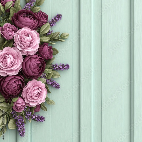 Pastel Floral Arrangement  Roses  Lavender  Green Leaves on Mint Wood