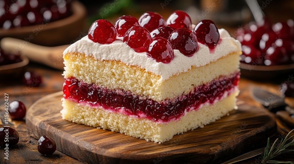 Delicious slice of vanilla cake layered with cherry filling and topped with whipped cream and fresh cherries. Delicious slice of vanilla cake layered with cherry filling and topped with whipped cream and fresh cherries.