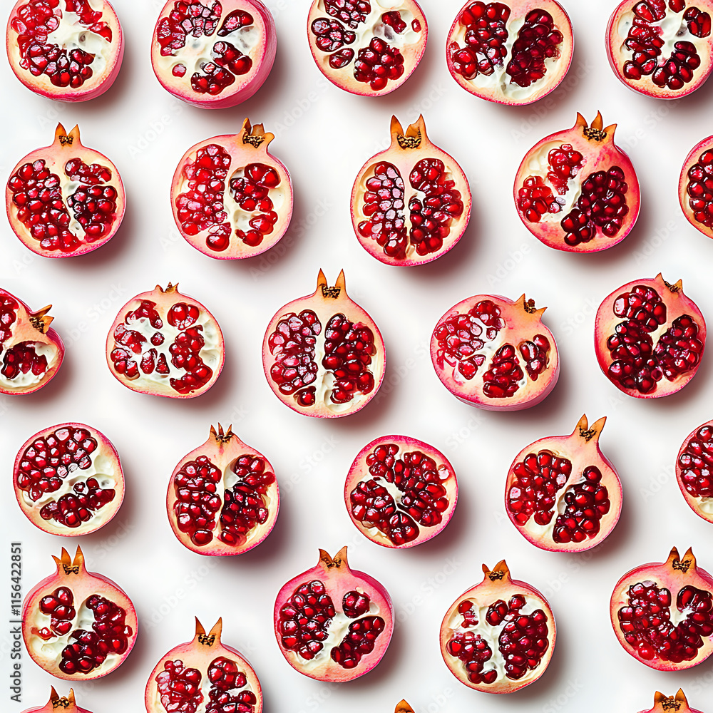 Whole and halved pomegranates showcasing their rich red seeds, arranged on a white background, vibrant and detailed, 16:9 aspect ratio. Whole and halved pomegranates showcasing their rich red seeds, arranged on a white background, vibrant and detailed, 16:9 aspect ratio.