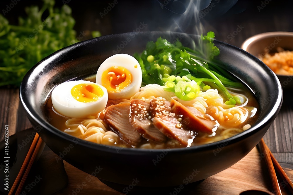 steaming bowl of ramen filled with soft-boiled eggs, tender pork belly, and vibrant greens, symbolizing comfort and rich flavors. - Mouth Watering Foods steaming bowl of ramen filled with soft-boiled eggs, tender pork belly, and vibrant greens, symbolizing comfort and rich flavors. - Mouth Watering Foods