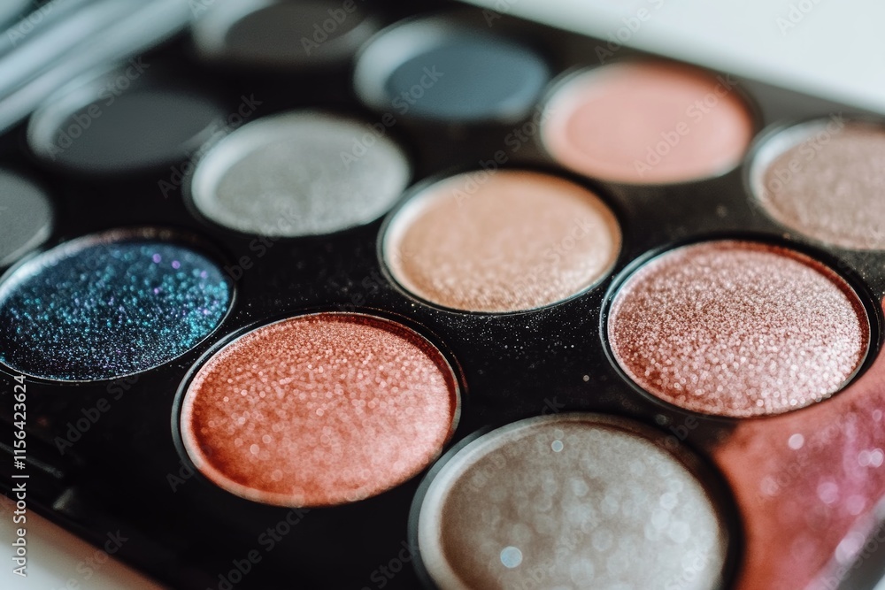 Eyeshadow palette with metallic shades, displayed on a clean white surface for high contrast. Eyeshadow palette with metallic shades, displayed on a clean white surface for high contrast.