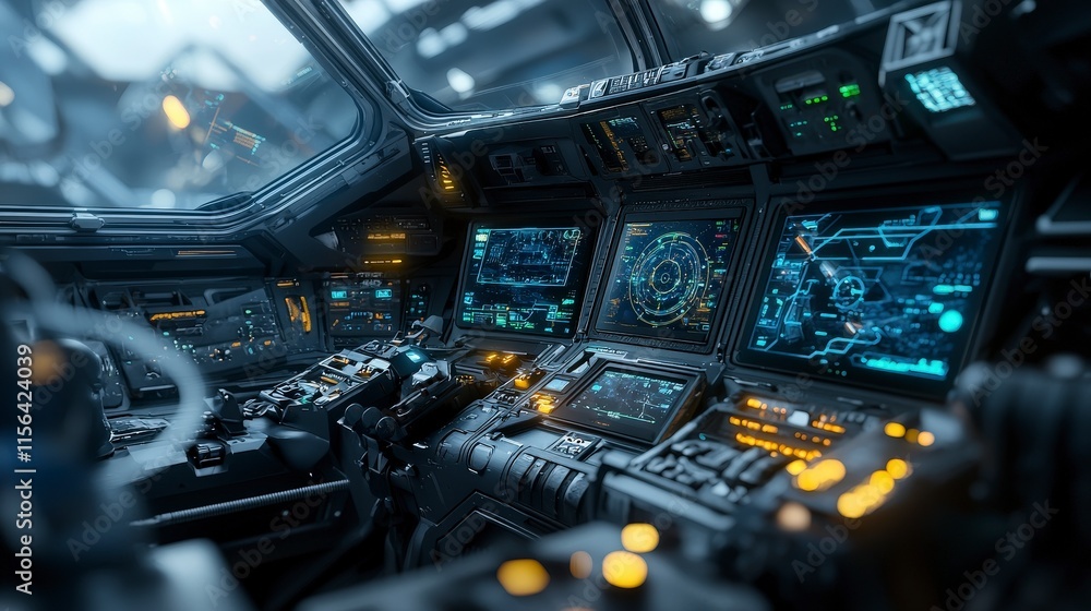 Close-up view of a futuristic spacecraft cockpit advanced technology in a high-tech outer space digital art Close-up view of a futuristic spacecraft cockpit advanced technology in a high-tech outer space digital art