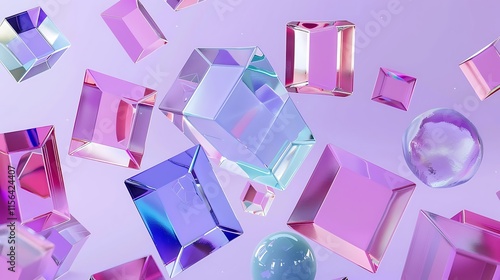 A collection of vibrant geometric shapes, including cubes and prisms, drifting in a serene lavender environment