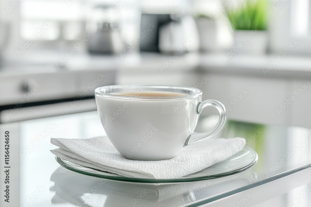 A Simple White Coffee Cup with Hot Beverage on a Glass Table in a Bright Modern Kitchen with Green Elements and Natural Light Streaming Through Windows A Simple White Coffee Cup with Hot Beverage on a Glass Table in a Bright Modern Kitchen with Green Elements and Natural Light Streaming Through Windows