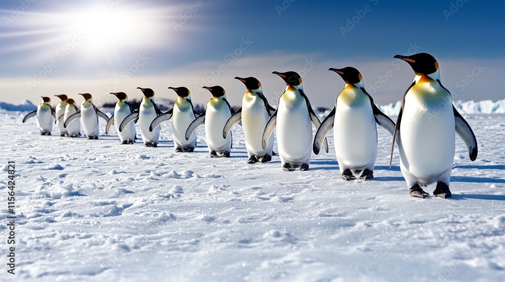 Obraz premium Bright day in antarctica penguins waddling in line across a stunning snowy landscape