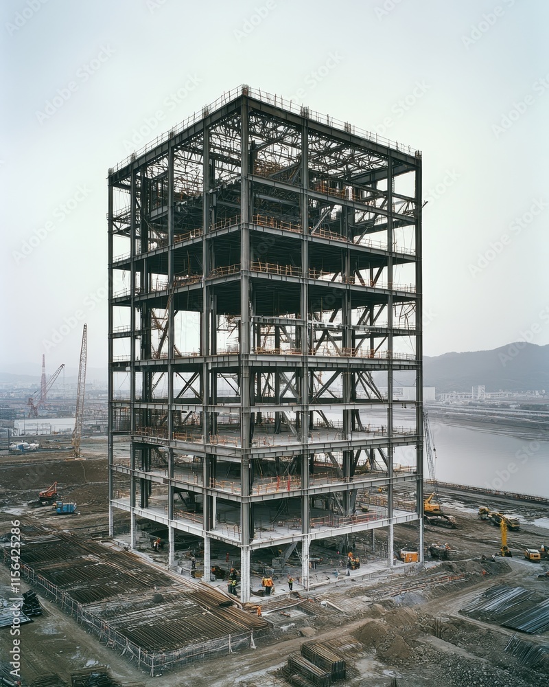 Fototapeta premium Steel Frame Structure Under Construction Near Water