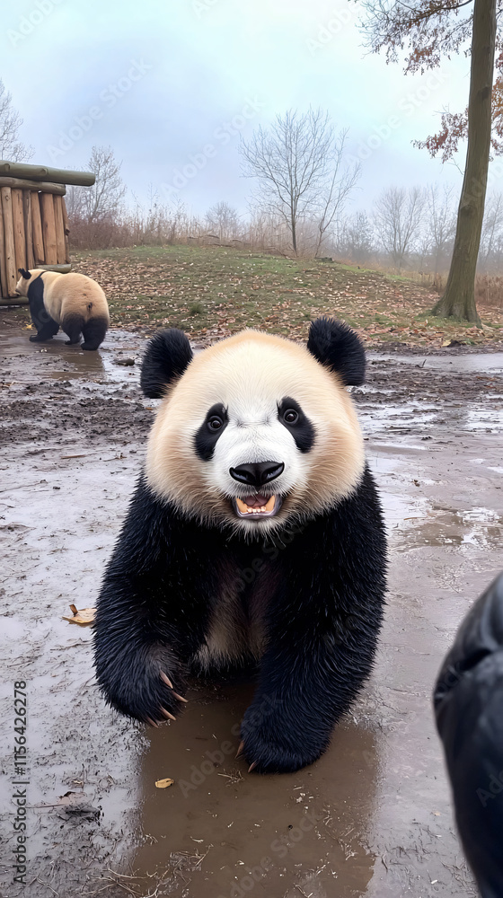 Fototapeta premium Adorable Close-Up Giant Panda Facing fish eye Camera Natural Indoor Playful Expressions Soft Fur for Wildlife Conservation Photography zoo china cute nose meme bear black white wallpaper forest