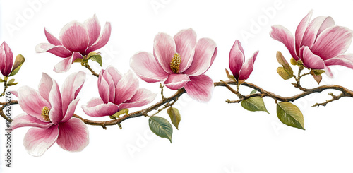 Fototapeta Naklejka Na Ścianę i Meble -  Watercolor painting of pink magnolia flowers on a branch, against a white background