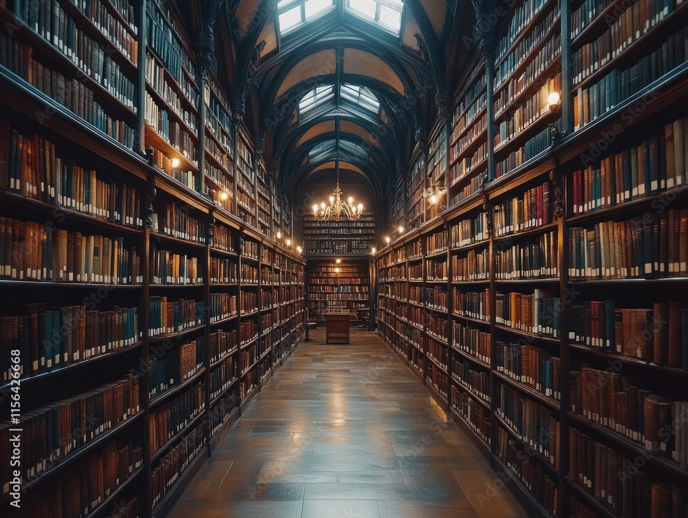 Grand library interior with high ceilings, wooden bookshelves filled with antique books, and a chandelier. Grand library interior with high ceilings, wooden bookshelves filled with antique books, and a chandelier.
