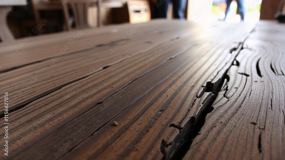 Close-up of Weathered Wooden Table Surface with Visible Grain and Cracks Close-up of Weathered Wooden Table Surface with Visible Grain and Cracks